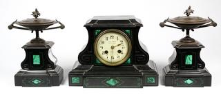 Appraisal: French Napoleon III style malachite and marble clock garniture French