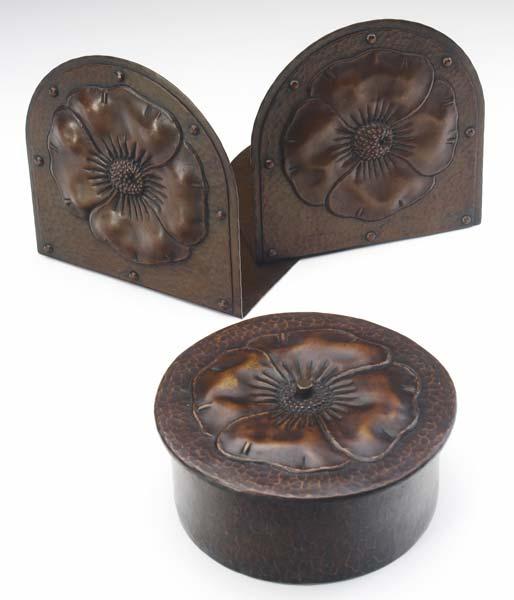 Appraisal: ROYCROFT Three hammered copper items embossed with poppies - pair