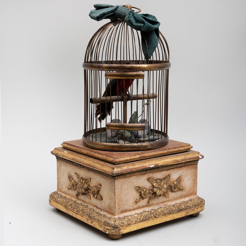 Appraisal: Continental Automaton Bird and Wire Birdcage on a Painted and