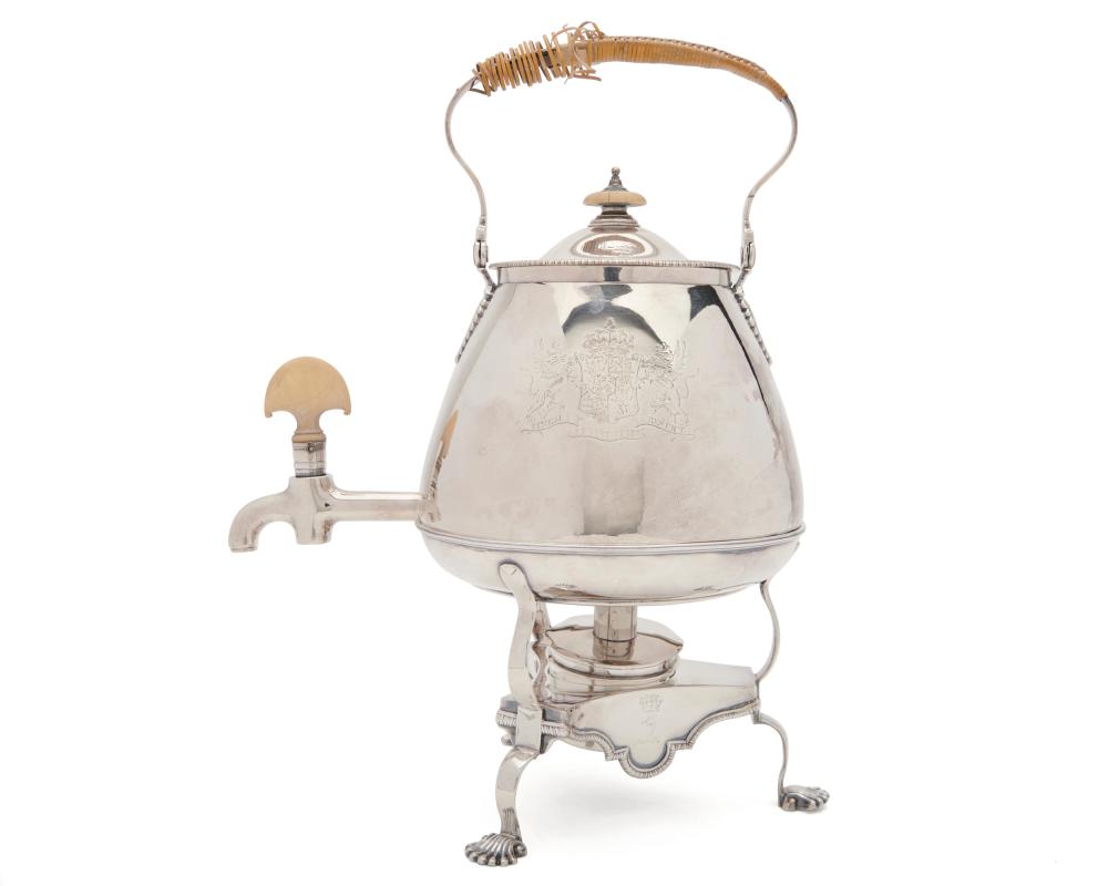 Appraisal: George III Silver Hot Water Kettle on Stand London John