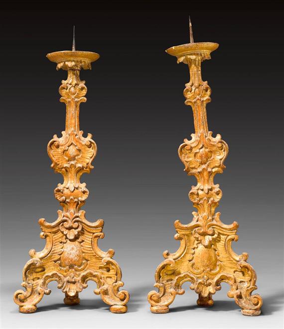 Appraisal: PAIR OF ALTAR CANDLESTICKS Rococo South German th century Front