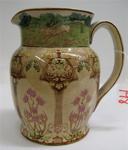 Appraisal: AMERICAN BUFFALO POTTERY PITCHER Deer Hunt pattern color transfer decorated