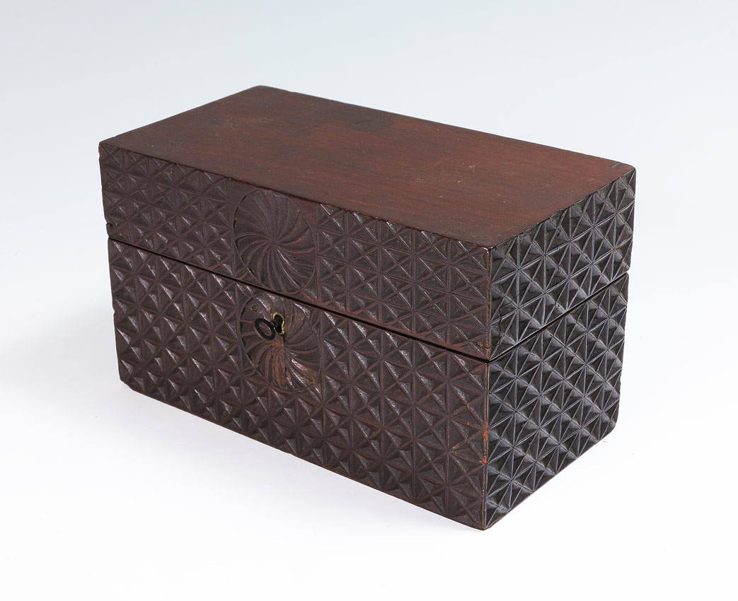 Appraisal: CARVED TEA CADDY Geometric designs carved on all sides lock