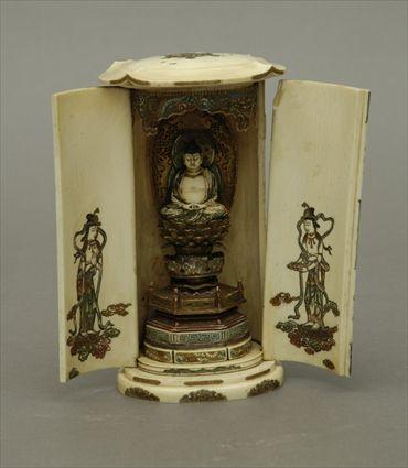 Appraisal: Japanese Polychrome Carved Ivory Household Shrine in x in x