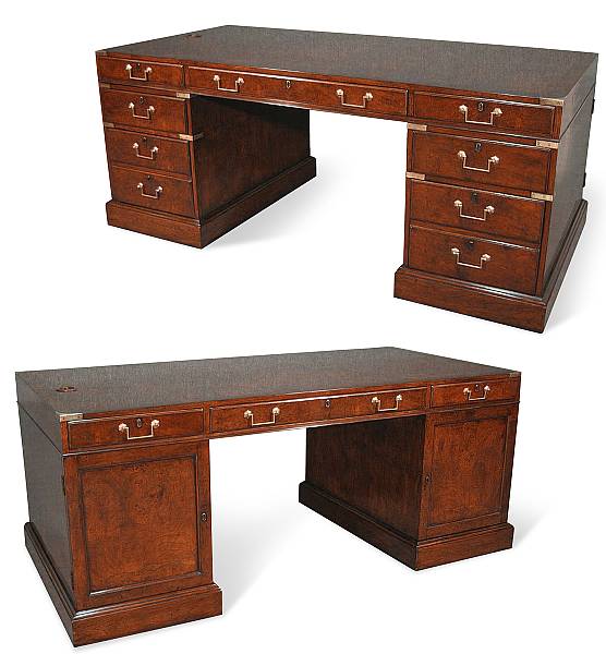 Appraisal: A Georgian style burl walnut partners' desk Of campaign form