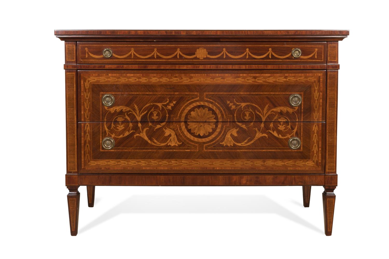 Appraisal: ITALIAN NEOCLASSICAL STYLE MARQUETRY COMMODE Italian Neoclassical style three drawer