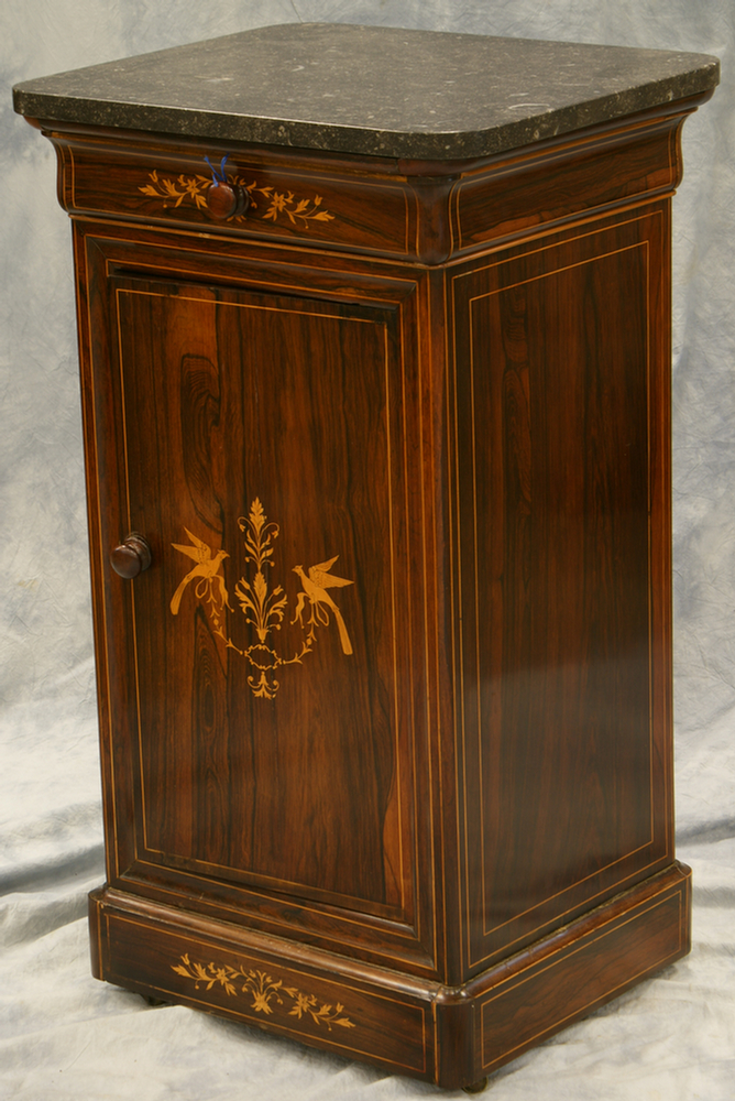 Appraisal: Inlaid rosewood half commode with black marble top single drawer