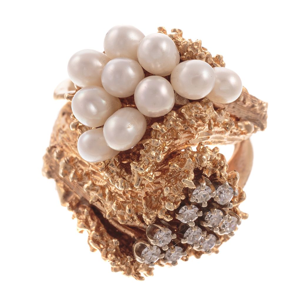 Appraisal: A Brutalist Diamond Pearl Ring in K K yellow gold