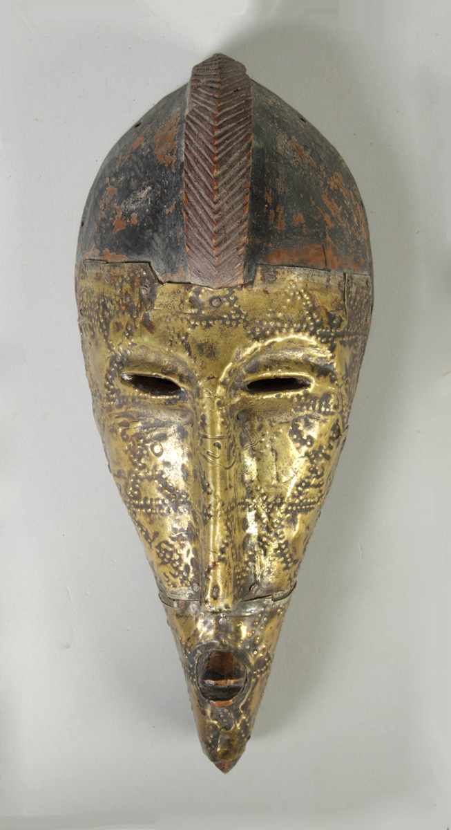 Appraisal: Carved Wood Mask Possibly African Brass overlay Ht ''E