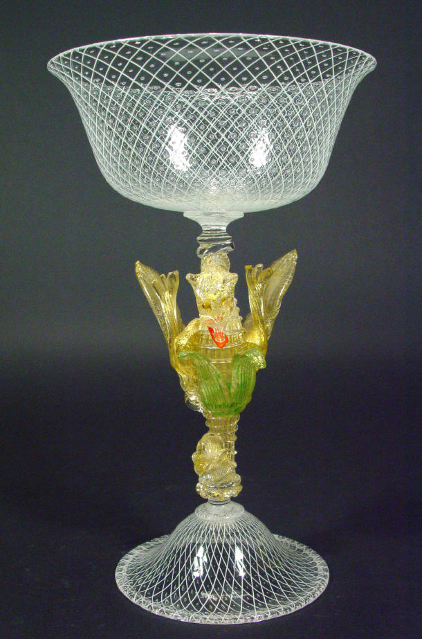 Appraisal: Murano glass pedestal dish the latticino decorated bowl supported by