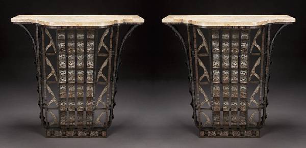 Appraisal: A Pair of Art Deco wrought-iron and marbles consoles dated