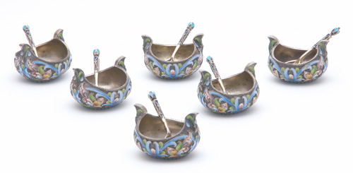 Appraisal: Six Maria Semenova salt dips and spoons in enameled silver