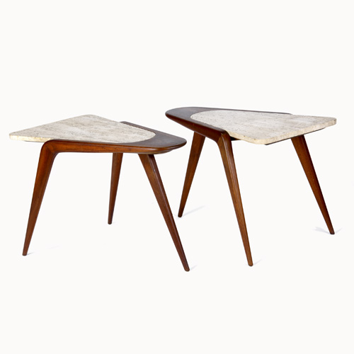 Appraisal: VLADIMIR KAGAN Pair of walnut end tables with travertine inserts