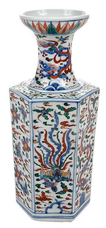 Appraisal: Chinese Hexagonal Polychrome Vase dragon scene with flying creatures -