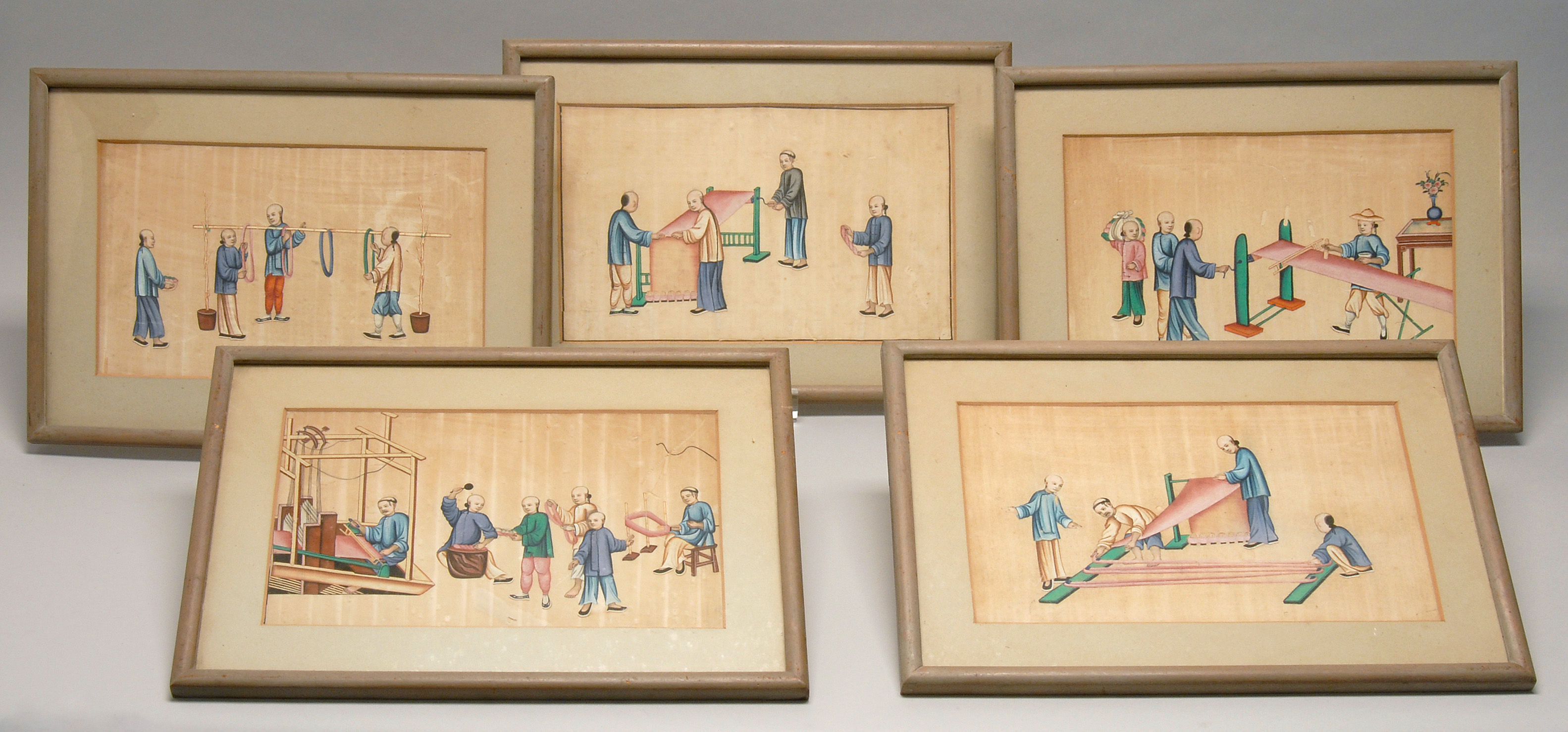 Appraisal: SET OF FIVE CHINESE RICE PAPER PAINTINGS depicting figures performing