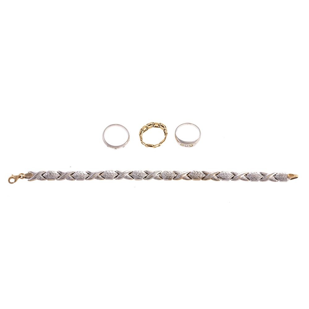 Appraisal: Collection of Platinum Gold Rings Bracelet Platinum ring featuring two