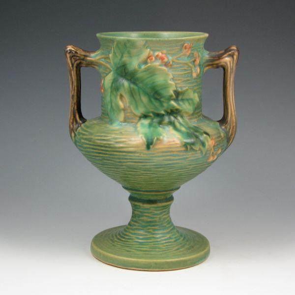 Appraisal: Roseville Bushberry double handled vase in green Marked Roseville USA