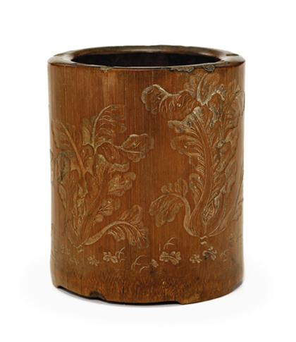 Appraisal: Chinese bamboo brushpot qing dynasty Of cylindrical form carved outer-wall