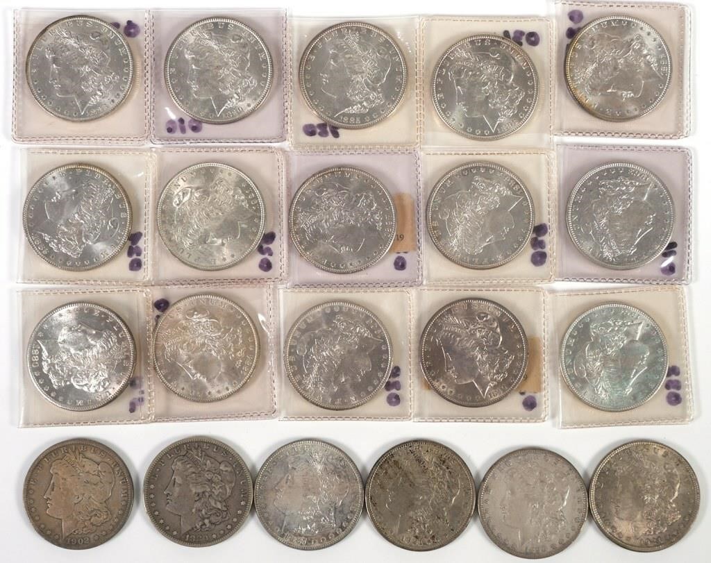 Appraisal: MORGAN SILVER DOLLARS Twenty-one Morgan silver dollars BU none slabbed