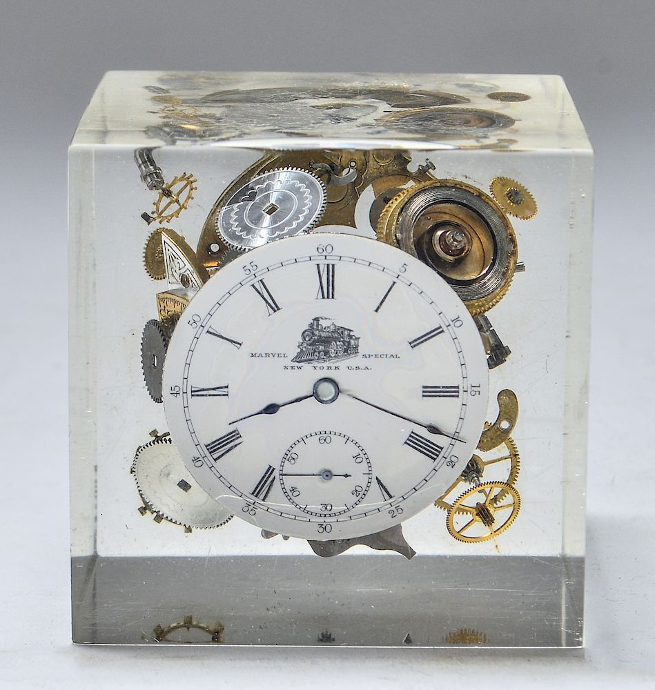 Appraisal: Acrylic Block with Embedded Watch Parts Acrylic block with embedded