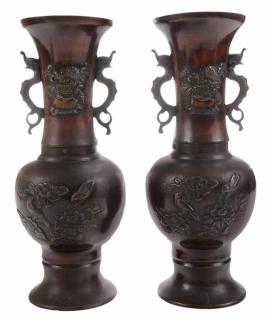 Appraisal: Pair Bronze Vases with Dragon Handles Japanese early th century