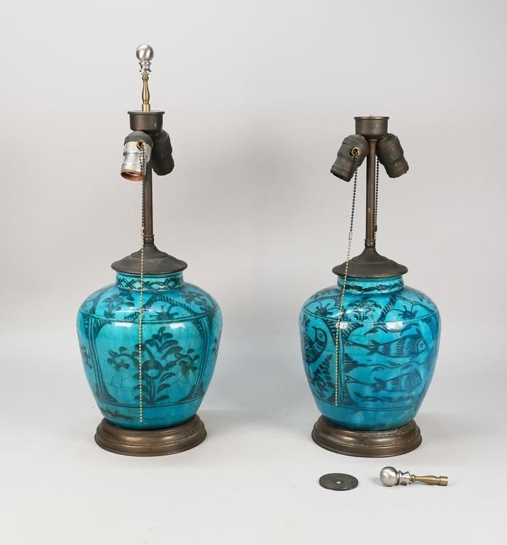 Appraisal: PAIR TURQUOISE GLAZE ART POTTERY LAMPSPair of turquoise crackle glaze