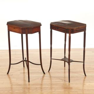 Appraisal: George III mahogany sewing stands George III mahogany sewing stands