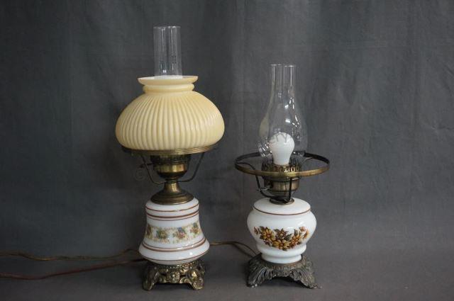 Appraisal: Country Decor Electric Bedroom Lamps features transferware milk glass base