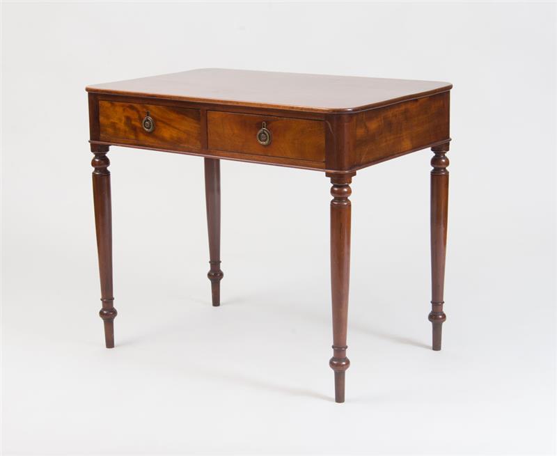 Appraisal: LATE GEORGE III MAHOGANY THREE-DRAWER SIDE TABLE Drawers adapted x