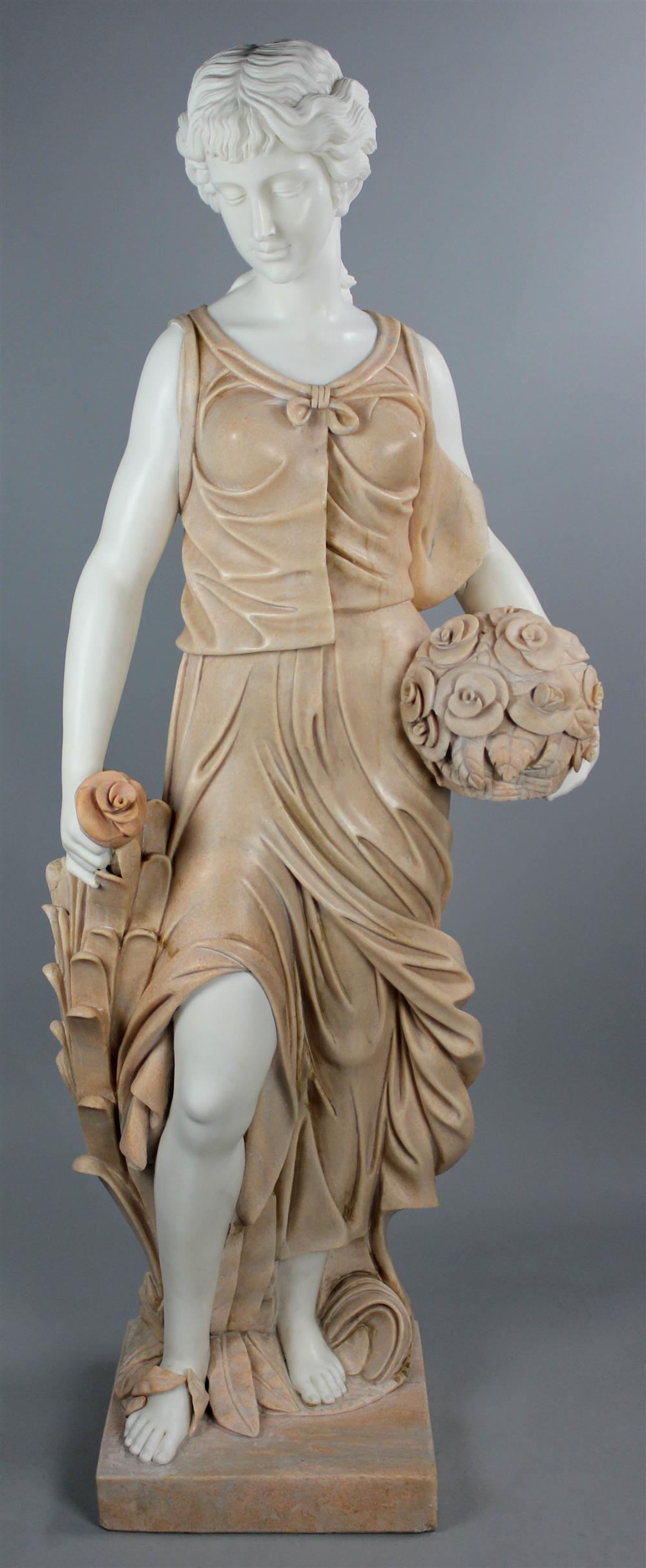 Appraisal: LARGE ALABASTER FIGURE OF A YOUNG WOMAN WITH FLOWERS PROBABLY