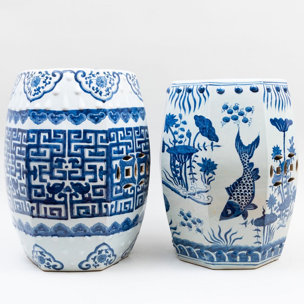 Appraisal: Two Chinese Blue and White Porcelain Garden Seats Comprising A