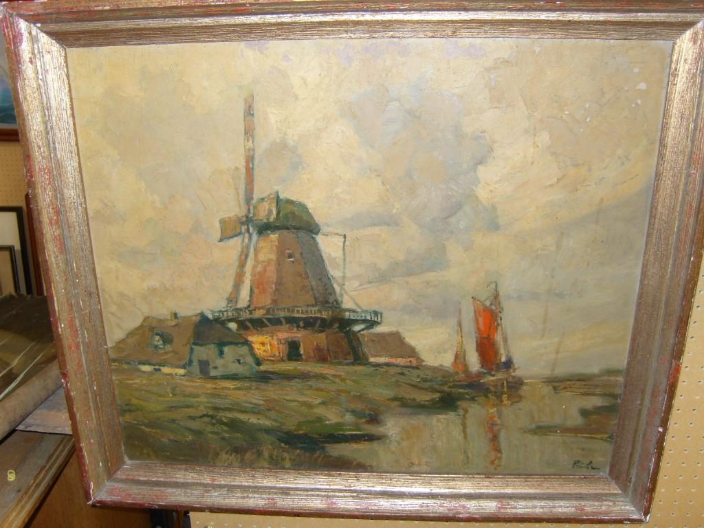 Appraisal: An oil painting on board of a windmill with hay