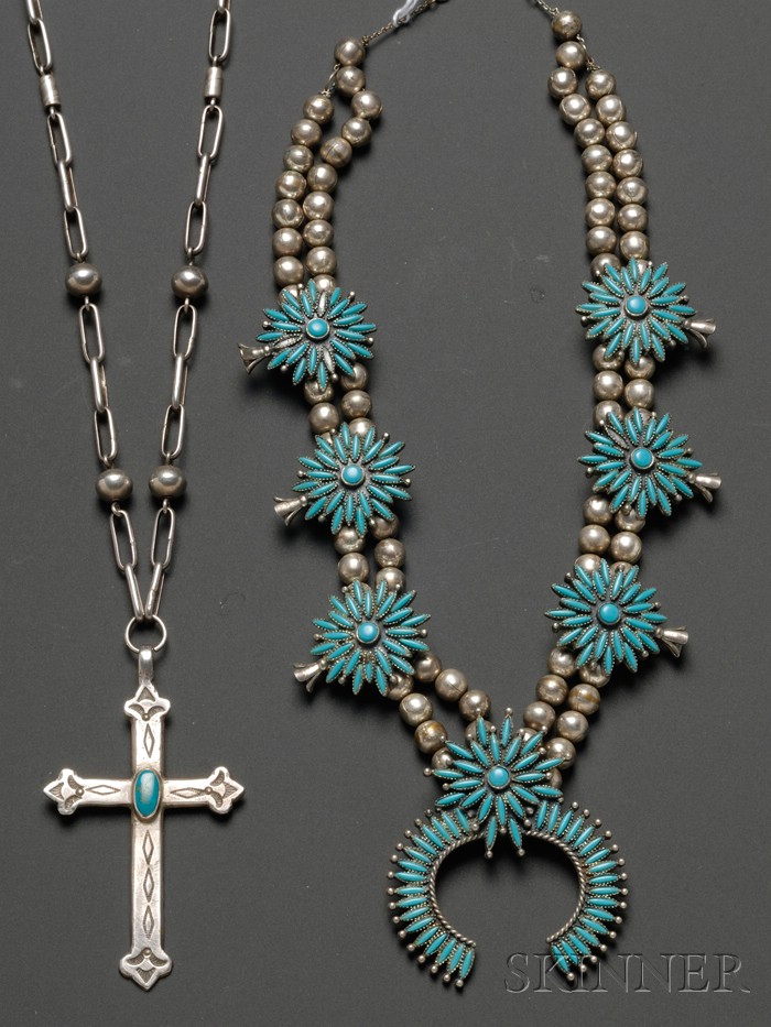 Appraisal: Two Southwest Silver and Turquoise Necklaces th century a Zuni