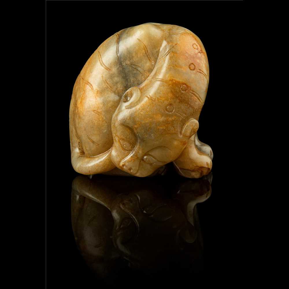 Appraisal: CELADON JADE WITH RUSSET SKIN CARVING OF A TIGER MING