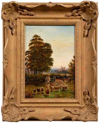 Appraisal: George H Ashford painting shepherd with sheep distant castle signed