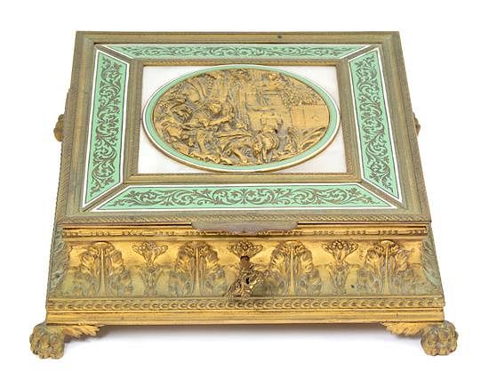 Appraisal: A French Gilt Bronze Covered Box with Enamel Decoration Height