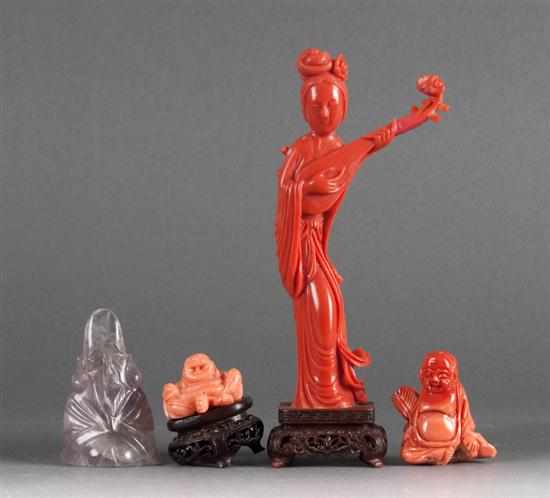 Appraisal: Four Chinese carved hardstone figures comprising coral female court musician