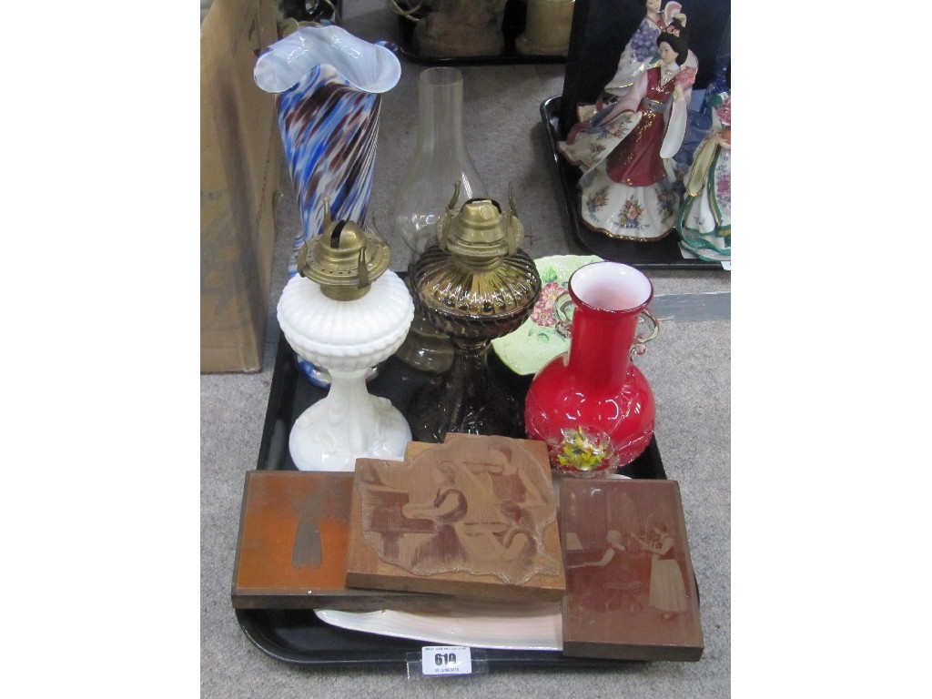 Appraisal: Moulded glass paraffin lamp bases copper photographic plates Carlton Ware