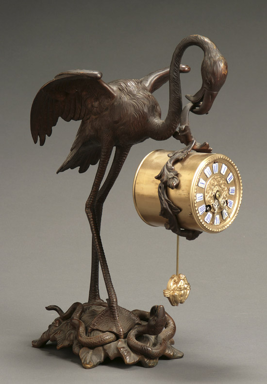 Appraisal: German Bronze 'Heron and Serpent' Clock Lenzkirch Circa Having a