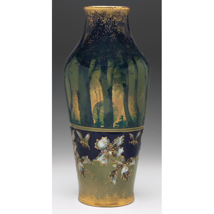 Appraisal: Amphora vase Forest Sunrise painted landscape with raised insect and