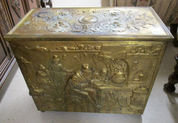 Appraisal: WOOD AND BRASS REPOUSSE KINDLING BOX English Victorian mid- th