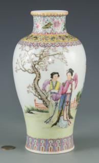 Appraisal: Famille Rose Rouleau Vase with Figural Decoration Chinese Republic Famille