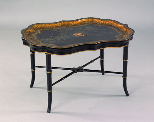 Appraisal: Gilt decorated black lacquerware tray th c resting on a