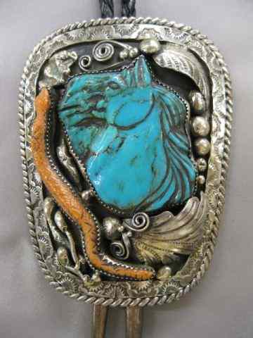 Appraisal: Indian Bolo Tie carved turquoise horsehead coral snake in sterling