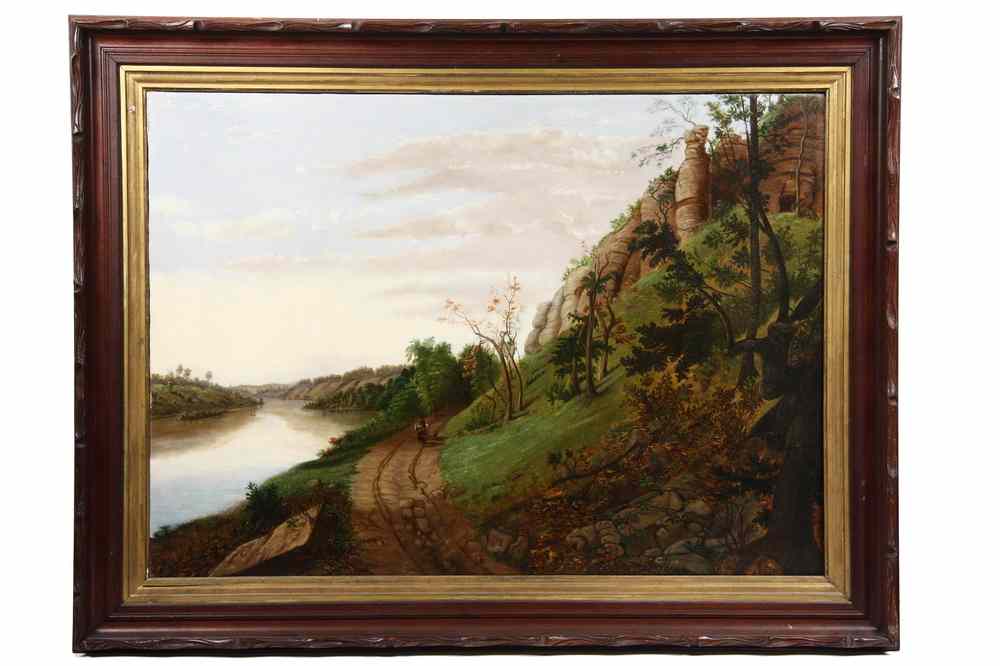 Appraisal: OOC - American Naive Landscape a river scene with man