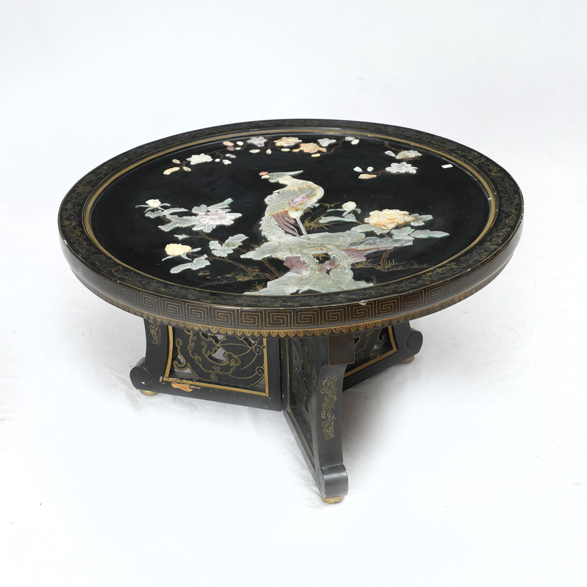 Appraisal: CHINESE HARDSTONE PHOENIX COFFEE TABLE Chinese black lacquered coffee table