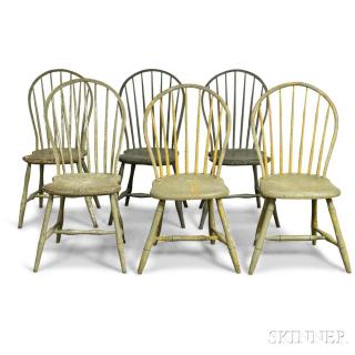 Appraisal: Assembled Set of Six Gray-painted Bow-back Windsor Side Chairs th