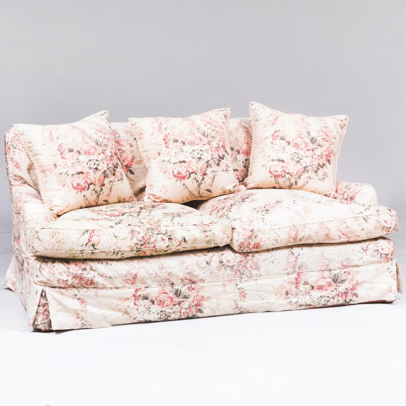 Appraisal: Floral Linen Slipcover Upholstered Two Seat Sofa x ft in