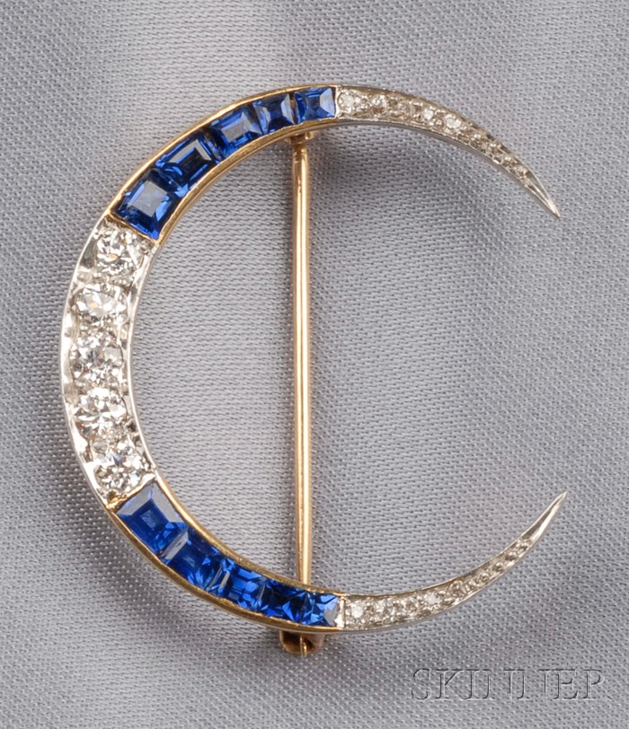 Appraisal: Art Deco Sapphire and Diamond Crescent Brooch set with old