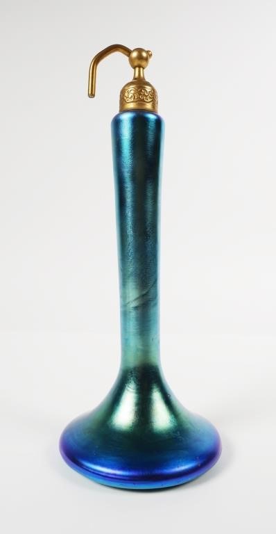 Appraisal: Peacock blue iridescent glass perfume by Steuben with DeVilbliss atomizer